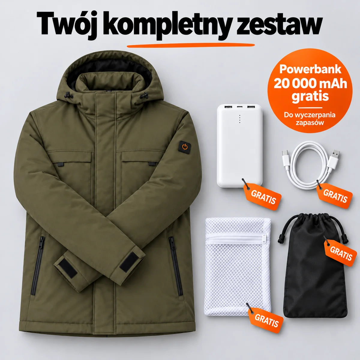 Zestaw kompletny: Regaro, powerbank 20 000 mAh, kabel do ładowania, worek do prania i torba