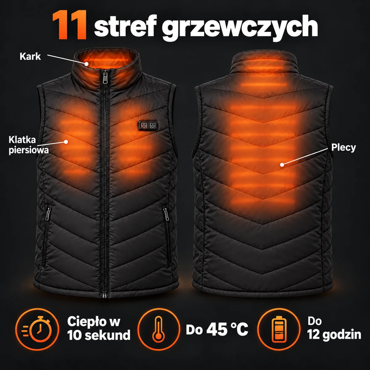 Kamizelka podgrzewana unisex w dużych rozmiarach PyreFit Schattor: 11 stref grzewczych – klatka piersiowa, kark i plecy