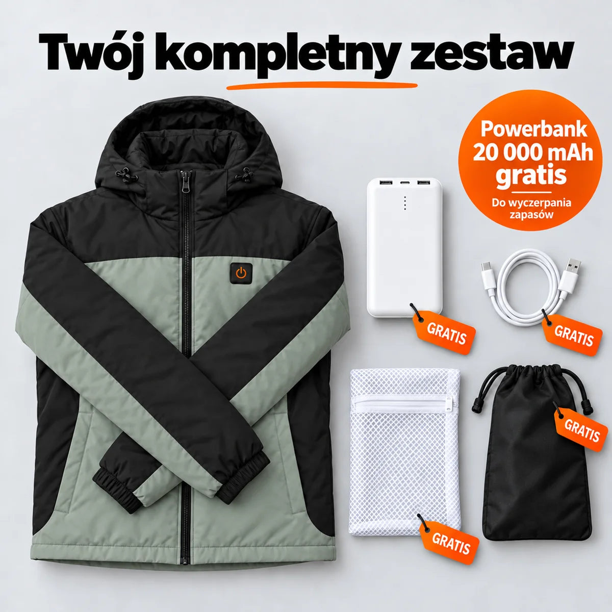 Zestaw kompletny: Schiefer, powerbank 20 000 mAh, kabel do ładowania, worek do prania i torba
