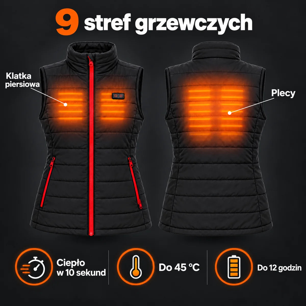 Damska kamizelka podgrzewana PyreFit Silvaia: 9 stref grzewczych – klatka piersiowa i plecy