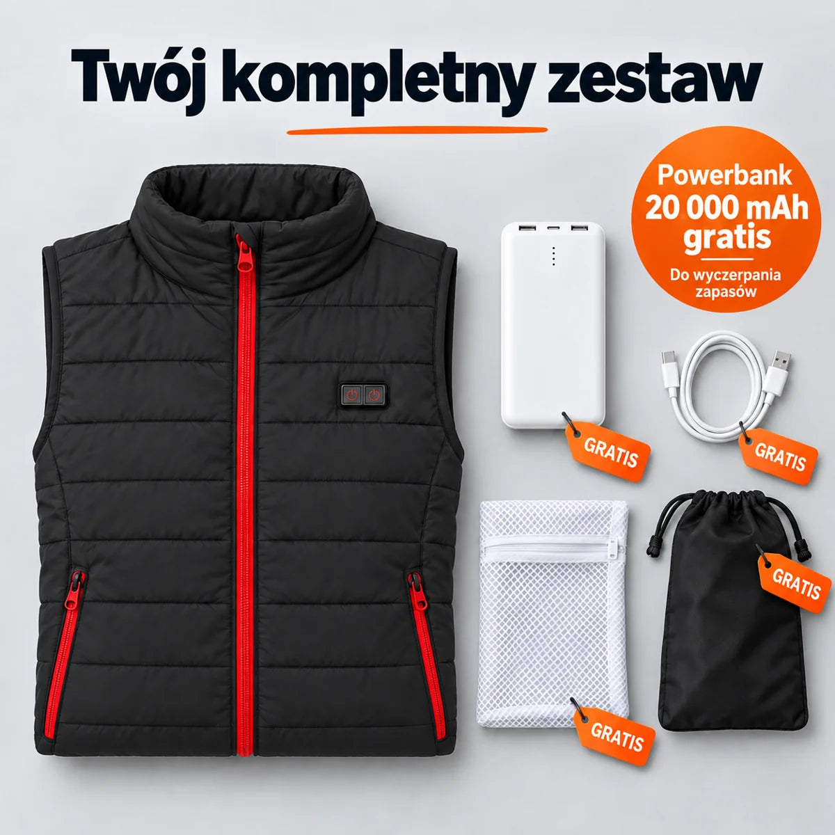 Zestaw kompletny: Silvaia, powerbank 20 000 mAh, kabel do ładowania, worek do prania i torba