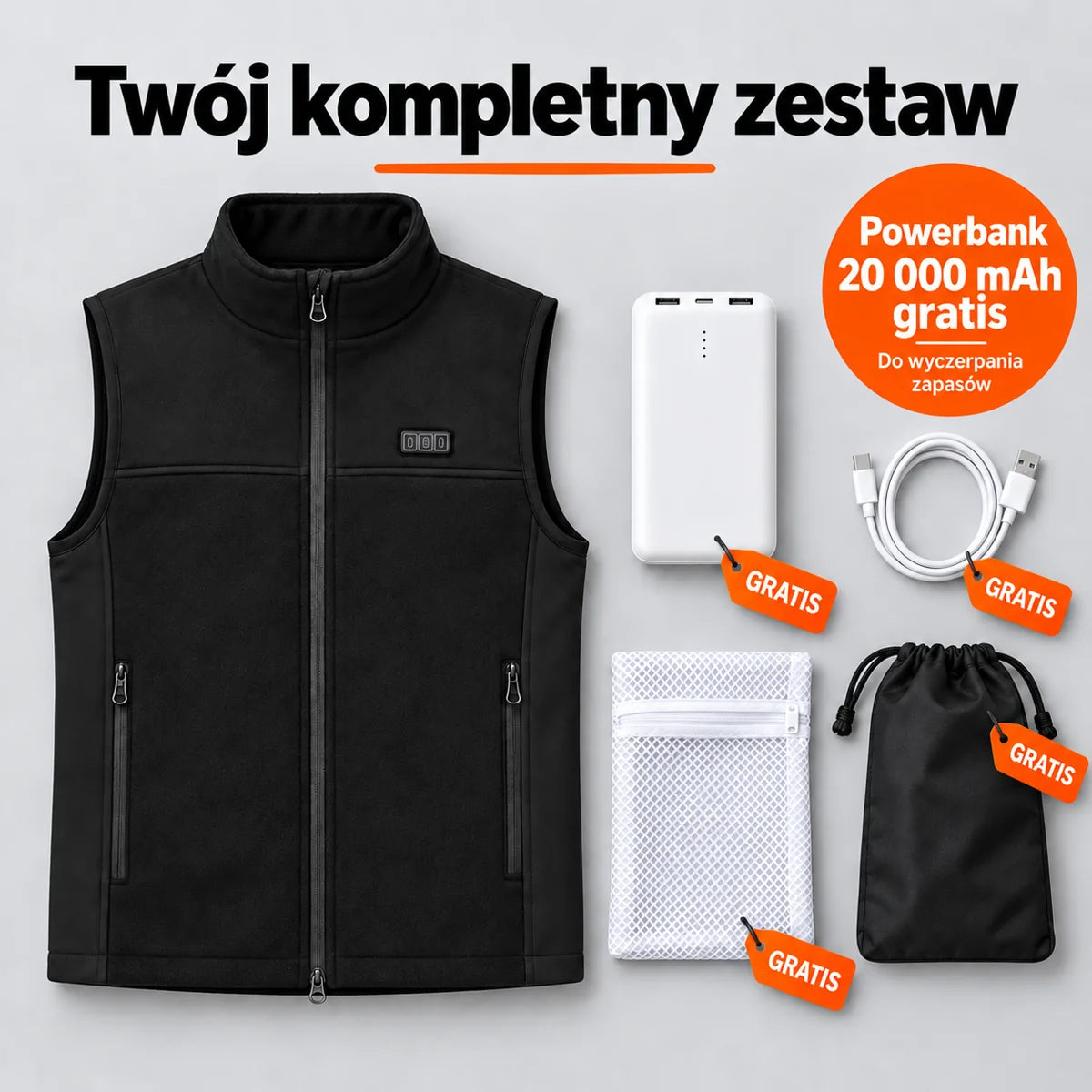Zestaw kompletny: Tarnor, powerbank 20 000 mAh, kabel do ładowania, worek do prania i torba