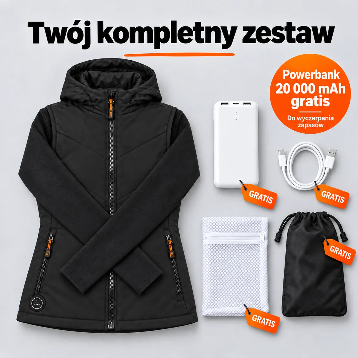 Zestaw kompletny: Transitor, powerbank 20 000 mAh, kabel do ładowania, worek do prania i torba