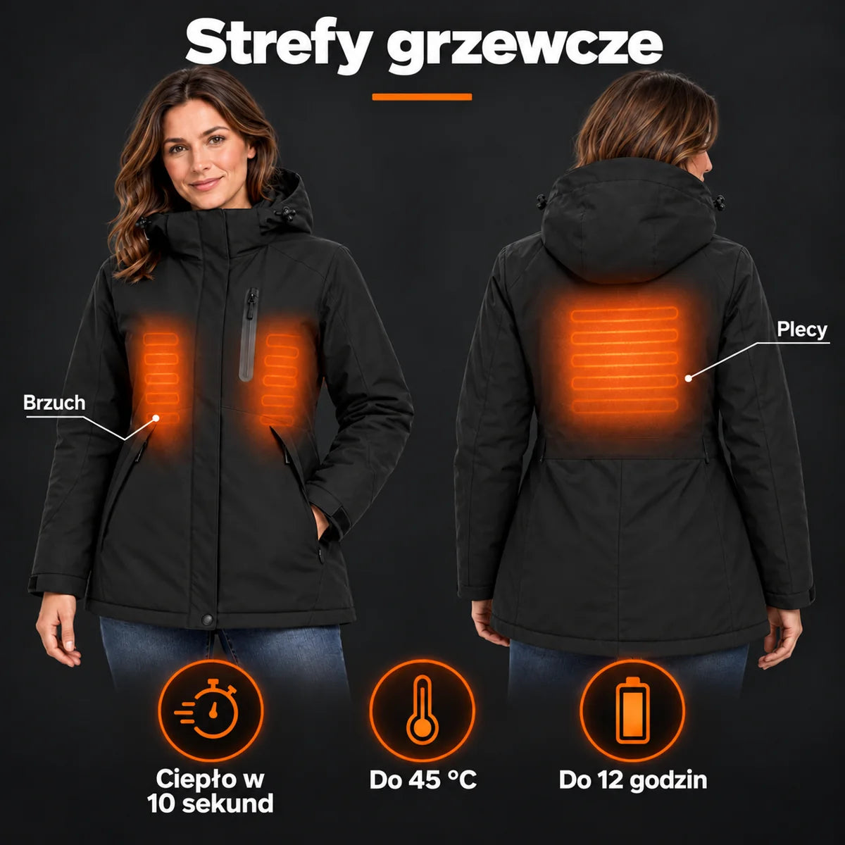 Damska parka podgrzewana PyreFit Traverso: strefy grzewcze – brzuch i plecy
