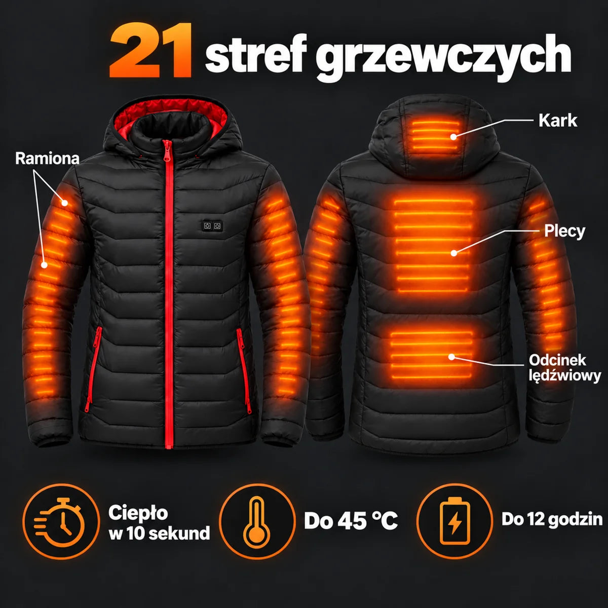 Męska kurtka pikowana podgrzewana PyreFit Travina: 21 stref grzewczych – kark, plecy, odcinek lędźwiowy i ramiona