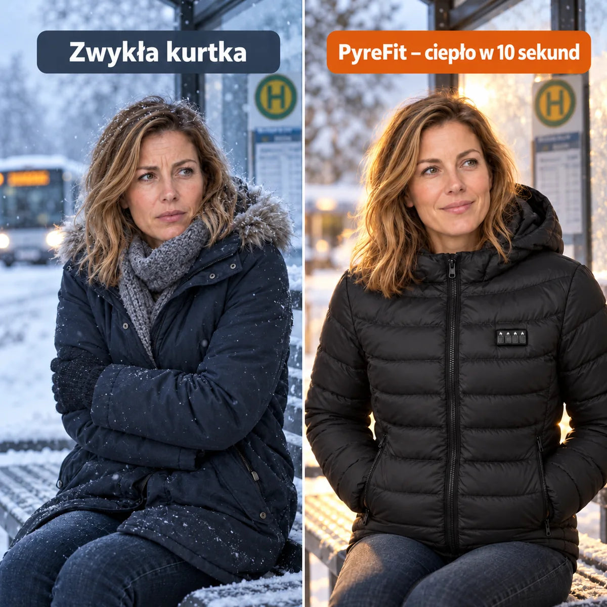Porównanie: zwykła kurtka zimowa i kurtka podgrzewana PyreFit