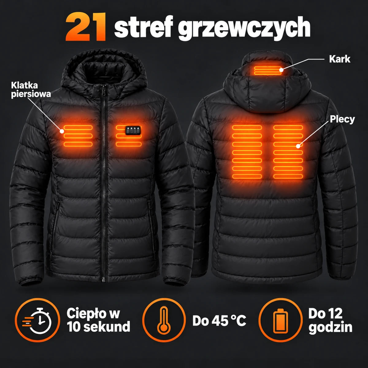 21 stref grzewczych na klatce piersiowej, plecach i karku