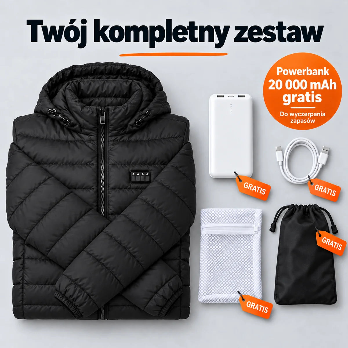 Zestaw kompletny: kurtka podgrzewana, powerbank 20 000 mAh, kabel do ładowania, worek do prania i torba