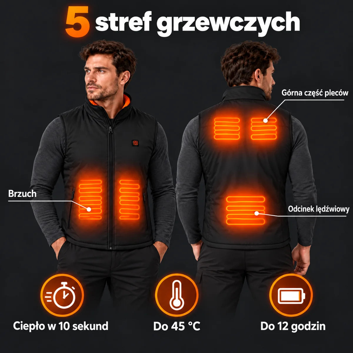Podgrzewana męska kamizelka sportowa PyreFit Ventaro: 5 stref grzewczych na brzuchu, górnej części pleców i odcinku lędźwiowym