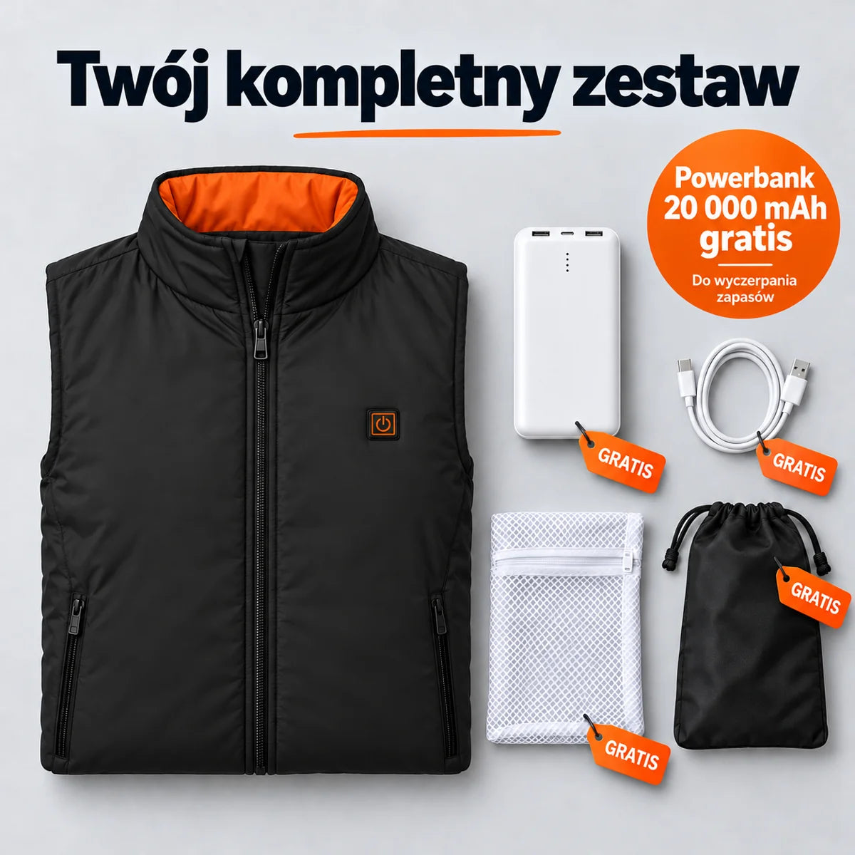 Zestaw kompletny: Ventaro, powerbank 20 000 mAh, kabel do ładowania, worek do prania i torba