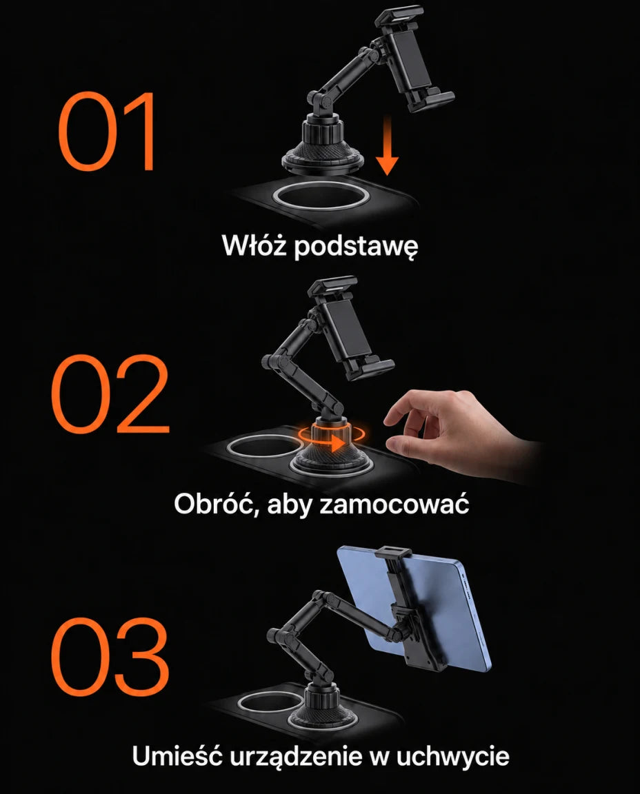 01 Włóż podstawę — 02 Obróć, aby zamocować