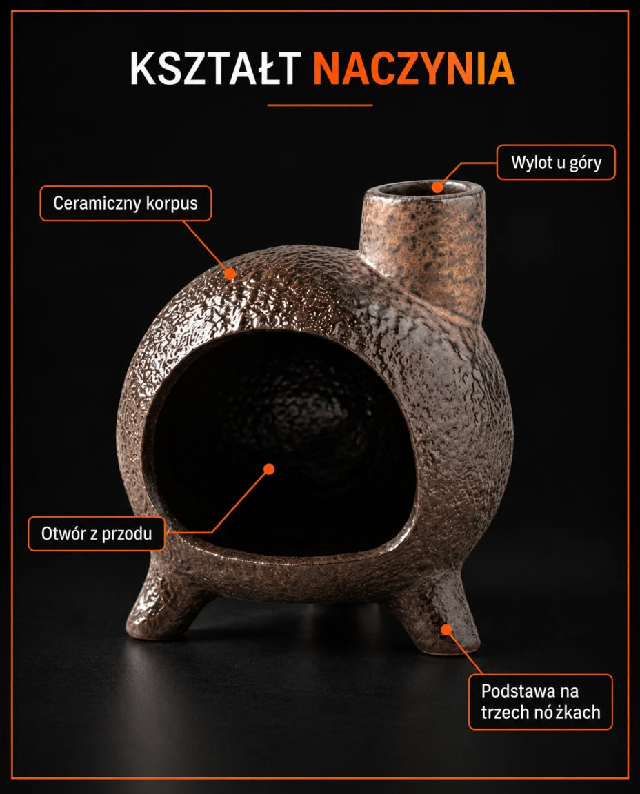 KSZTAŁT NACZYNIA — Ceramiczny korpus — Otwór z przodu — Wylot u góry — Podstawa na trzech nóżkach