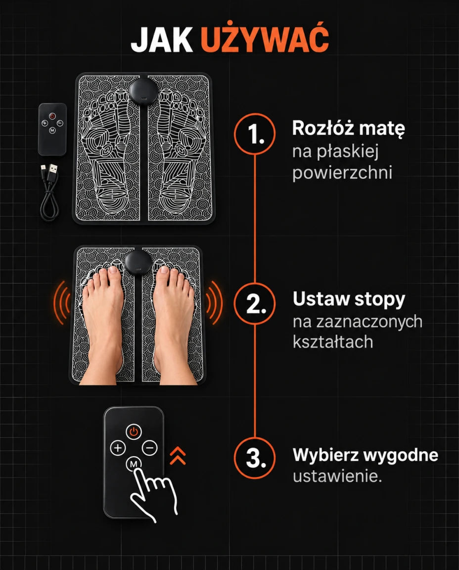 JAK UŻYWAĆ — 1. Rozłóż matę na płaskiej powierzchni — 2. Ustaw stopy na zaznaczonych kształtach — 3. Wybierz wygodne ustawienie