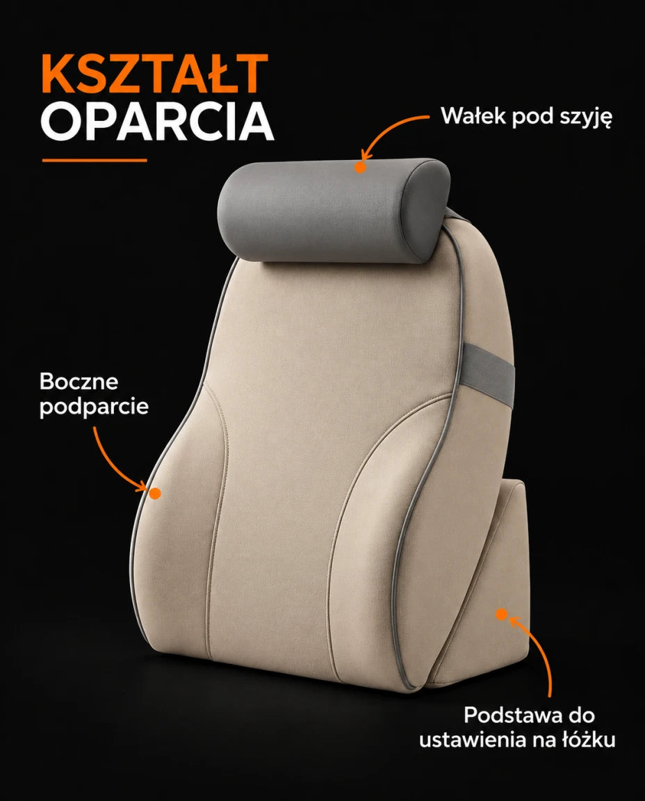 KSZTAŁT OPARCIA — Wałek pod szyję — Boczne podparcie — Podstawa do ustawienia na łóżku