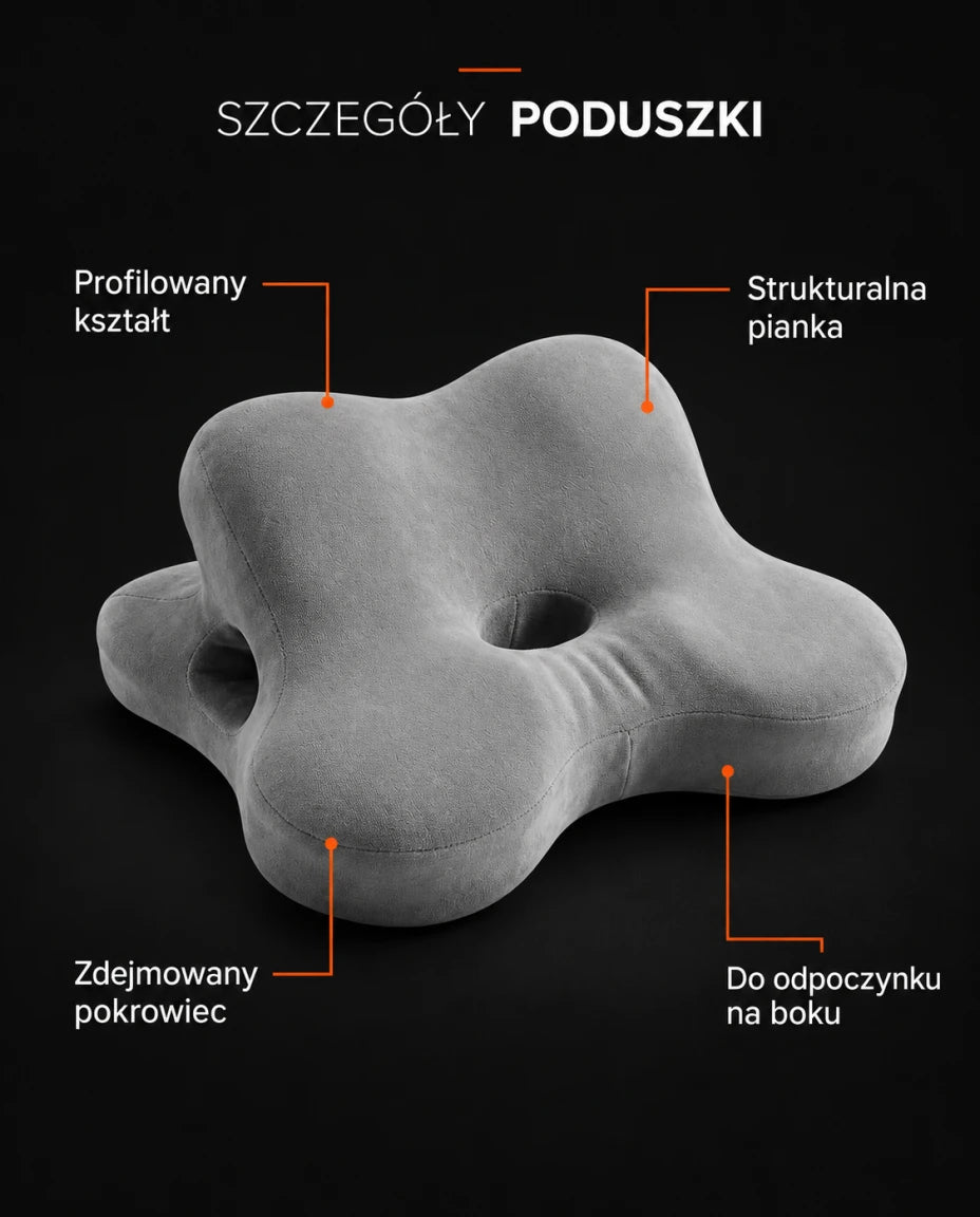 SZCZEGÓŁY PODUSZKI — Profilowany kształt — Strukturalna pianka — Zdejmowany pokrowiec — Do odpoczynku na boku