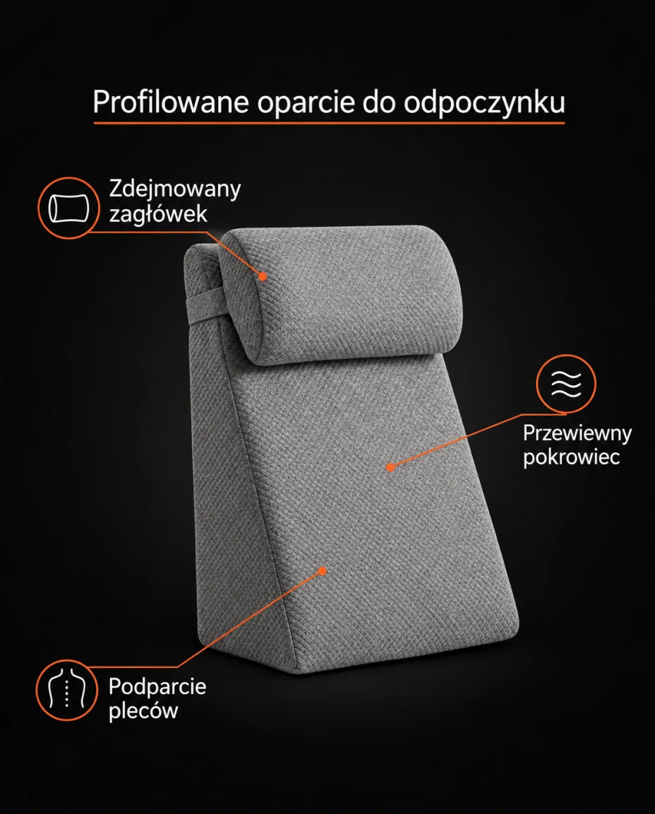 Profilowane oparcie do odpoczynku · Zdejmowany zagłówek · Przewiewny pokrowiec · Podparcie pleców