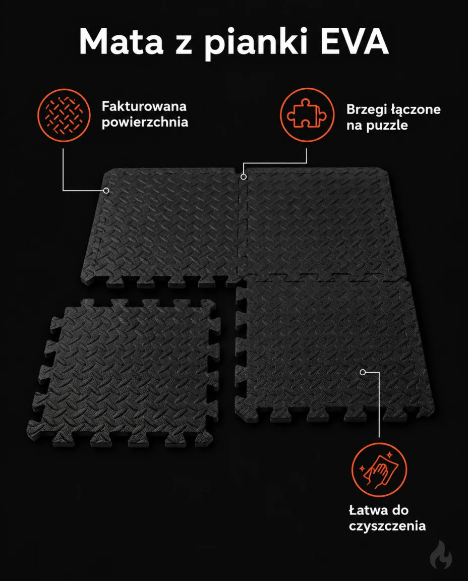 Mata z pianki EVA · Fakturowana powierzchnia · Brzegi łączone na puzzle · Łatwa do czyszczenia