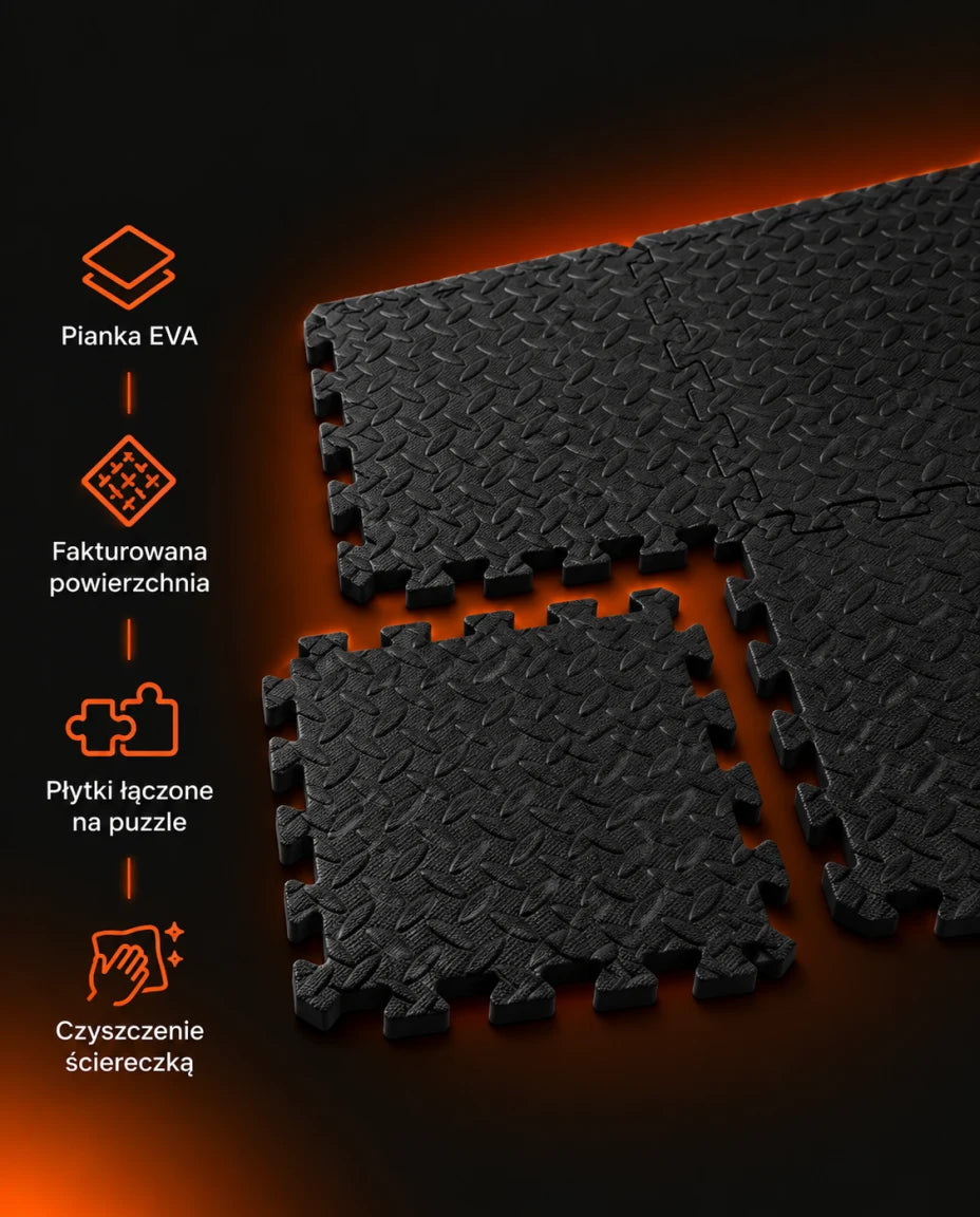 Pianka EVA · Fakturowana powierzchnia · Płytki łączone na puzzle · Czyszczenie ściereczką