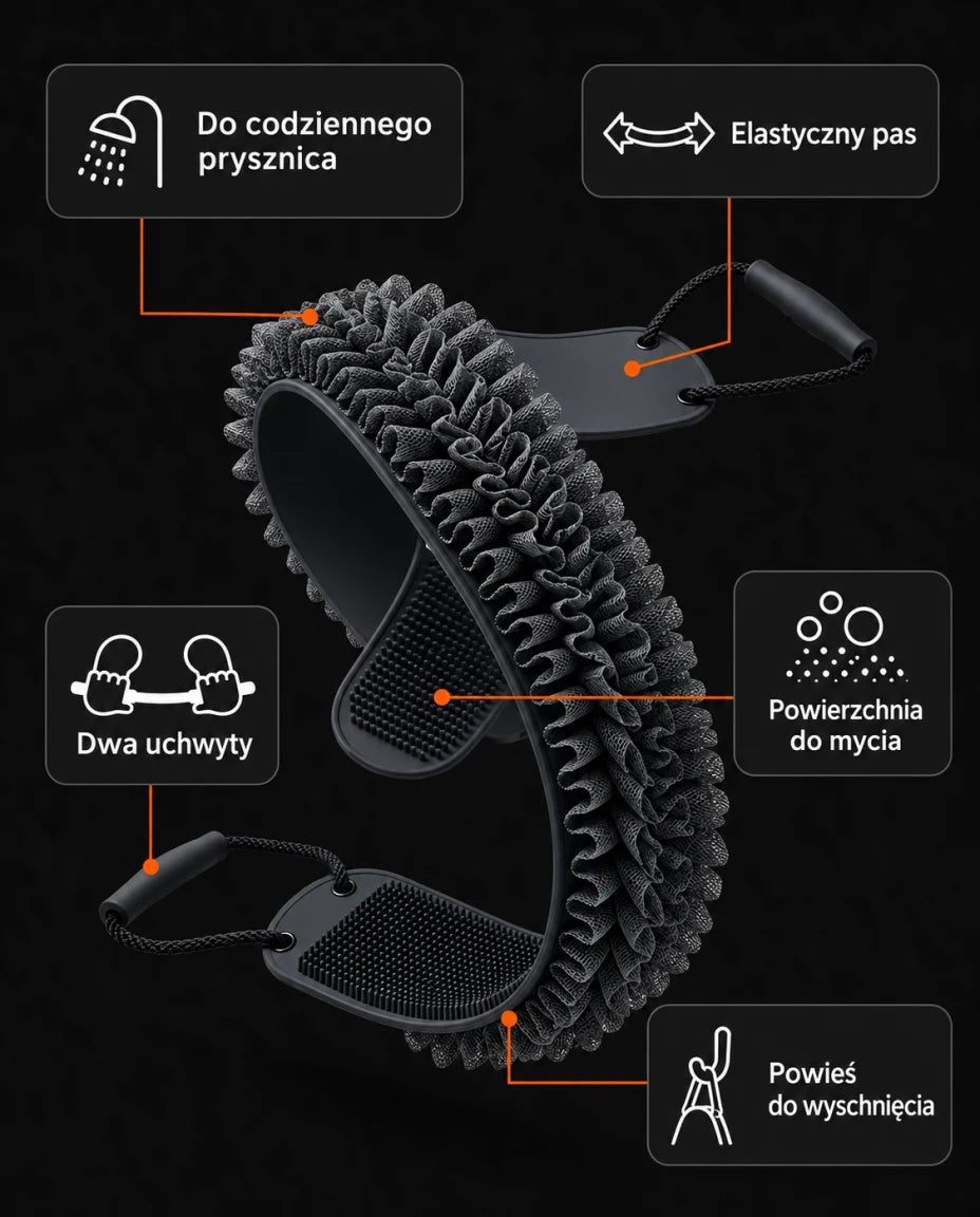 Do codziennego prysznica · Elastyczny pas · Dwa uchwyty · Powierzchnia do mycia · Powieś do wyschnięcia