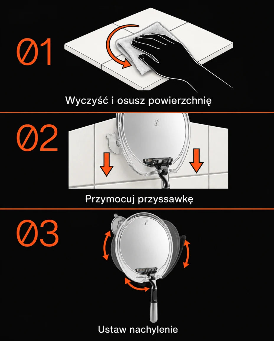 1. Wyczyść i osusz powierzchnię · 2. Przymocuj przyssawkę · 3. Ustaw nachylenie