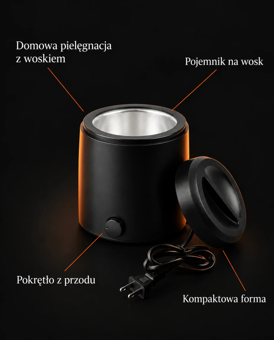 Domowa pielęgnacja z woskiem — Pokrętło z przodu — Pojemnik na wosk — Kompaktowa forma