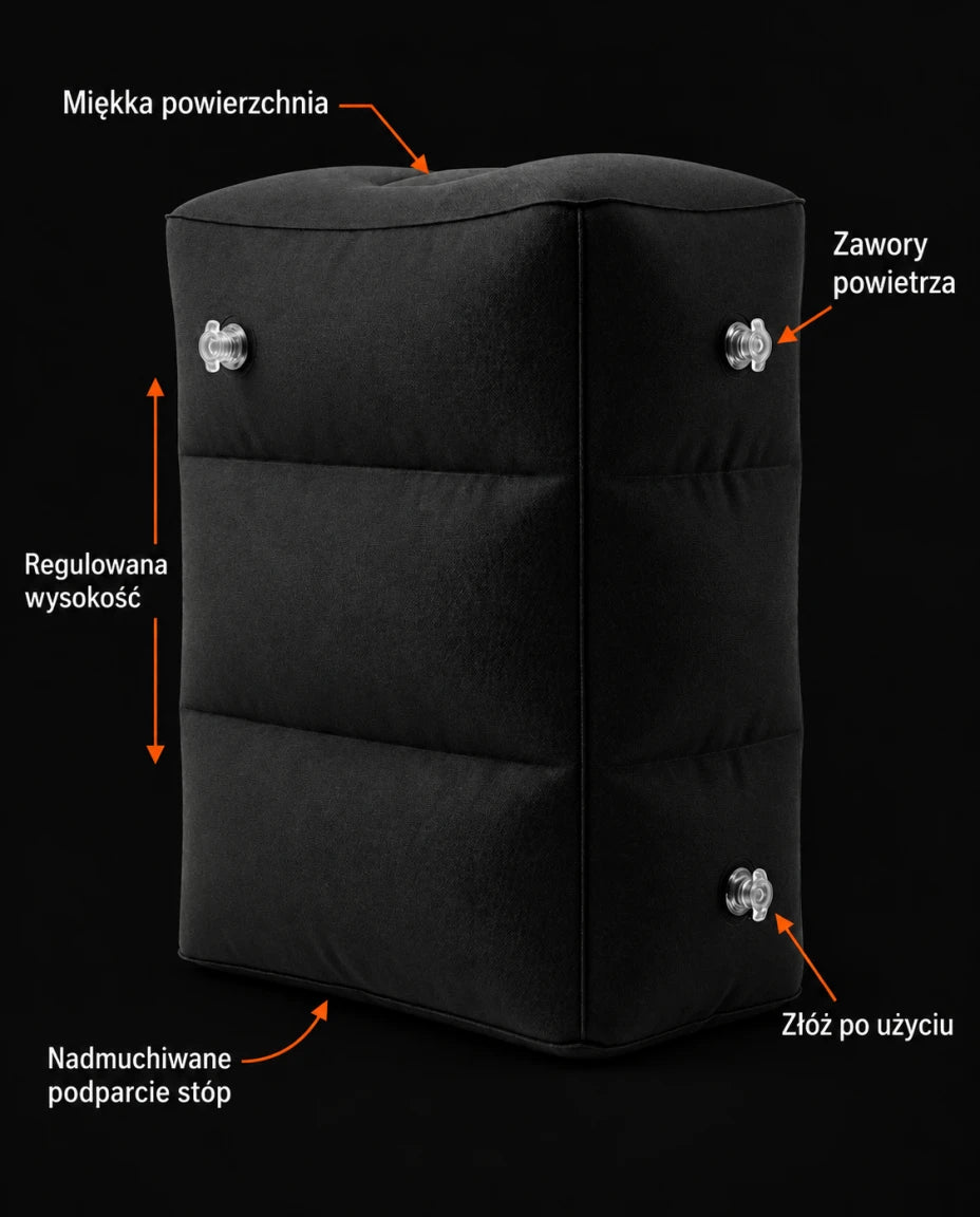 Nadmuchiwane podparcie stóp — Regulowana wysokość — Miękka powierzchnia — Zawory powietrza — Złóż po użyciu