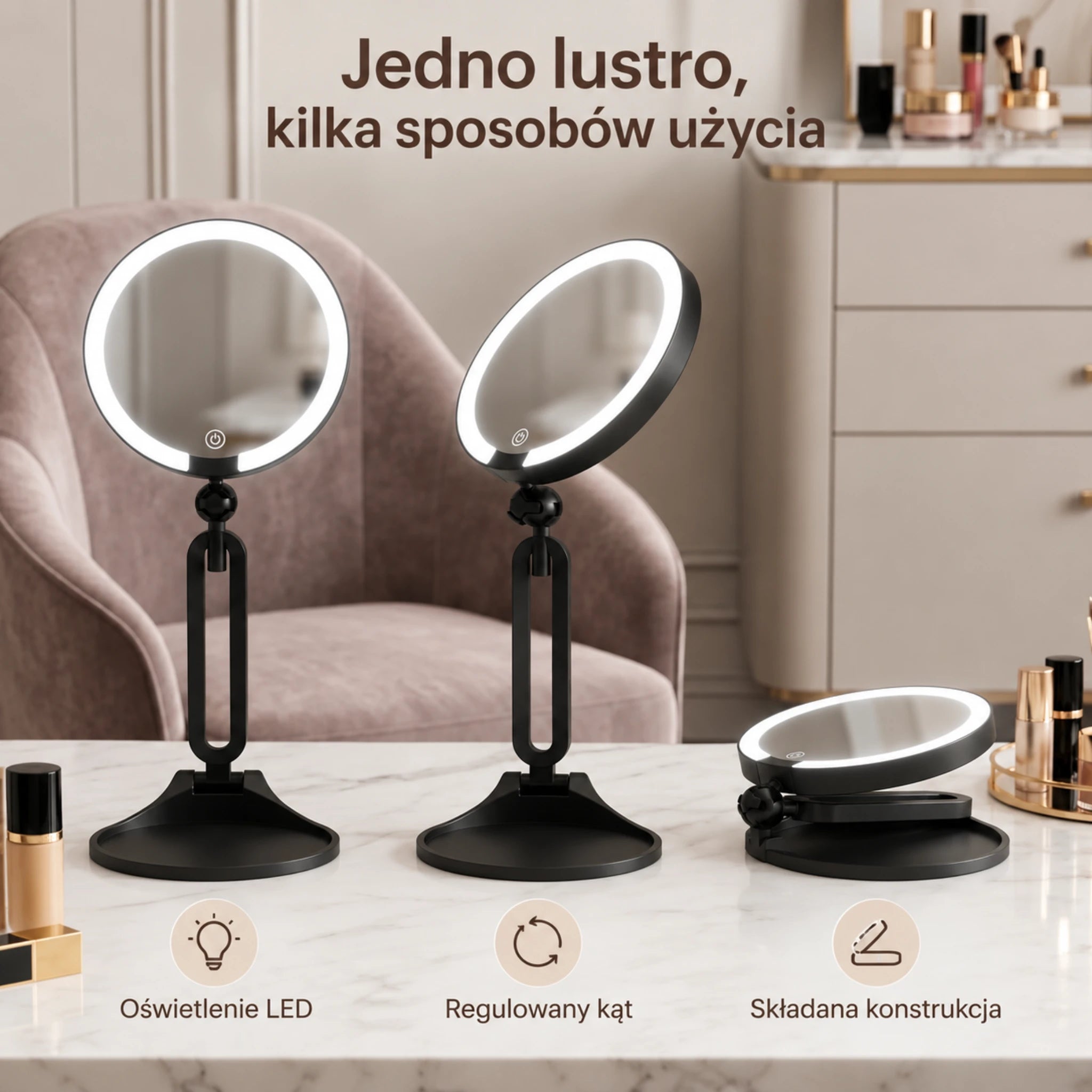 Jedno lustro, kilka sposobów użycia — Oświetlenie LED — Regulowany kąt — Składana konstrukcja