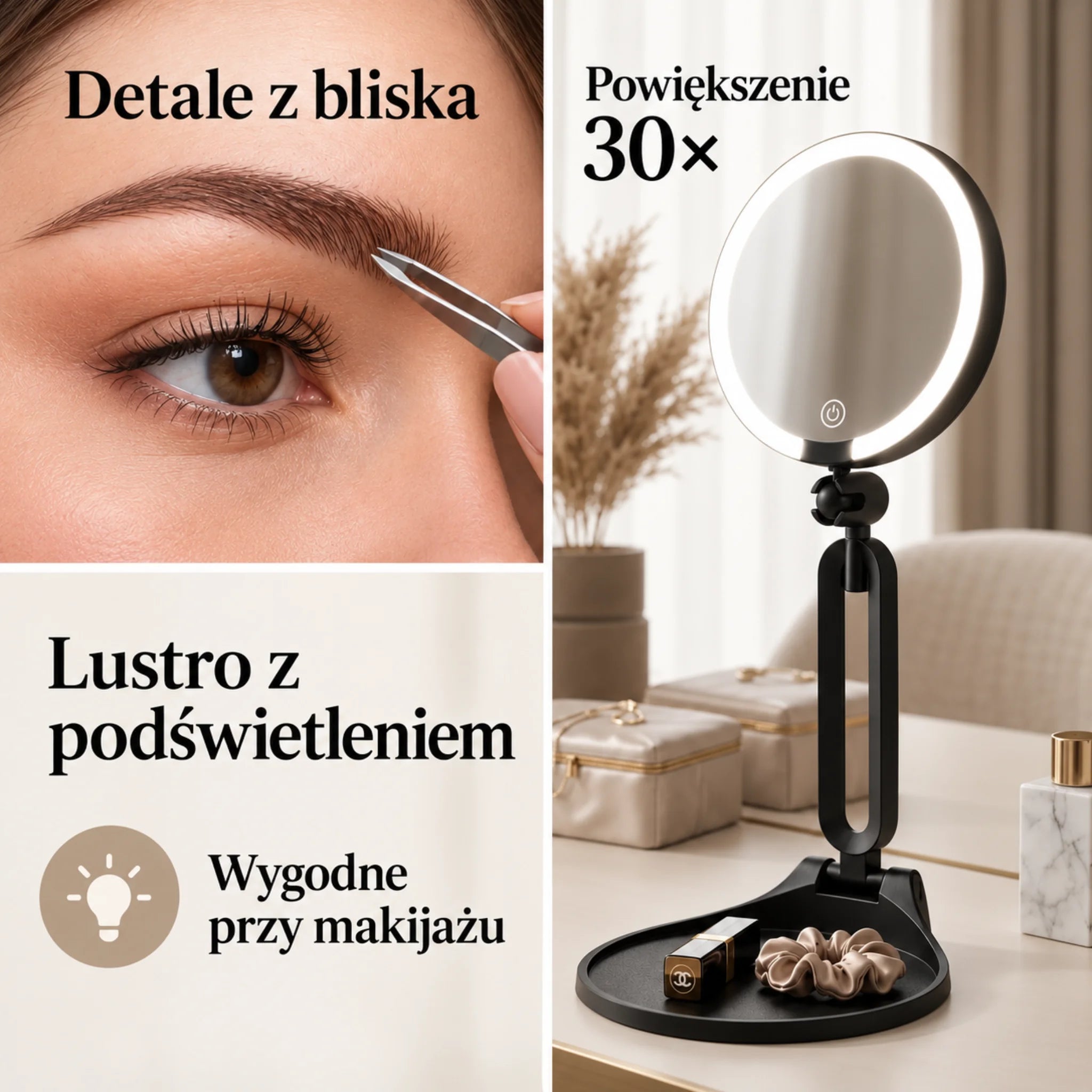 Detale z bliska — Powiększenie 30× — Lustro z podświetleniem — Wygodne przy makijażu