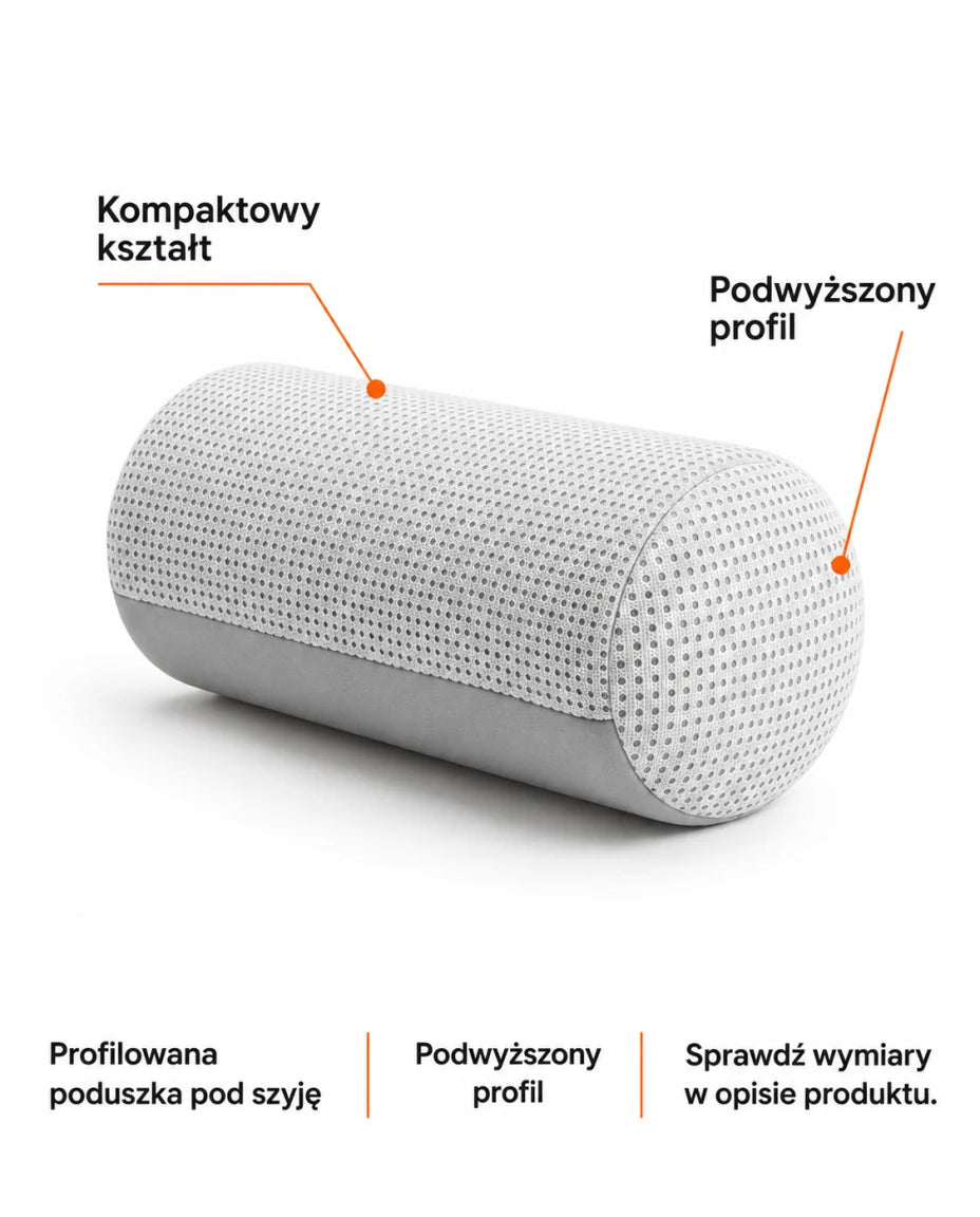 Profilowana poduszka pod szyję · Podwyższony profil · Kompaktowy kształt · Sprawdź wymiary w opisie produktu