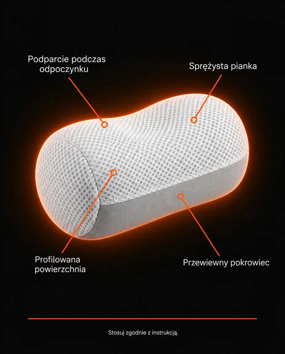 Podparcie podczas odpoczynku · Sprężysta pianka · Przewiewny pokrowiec · Profilowana powierzchnia · Stosuj zgodnie z instrukcją
