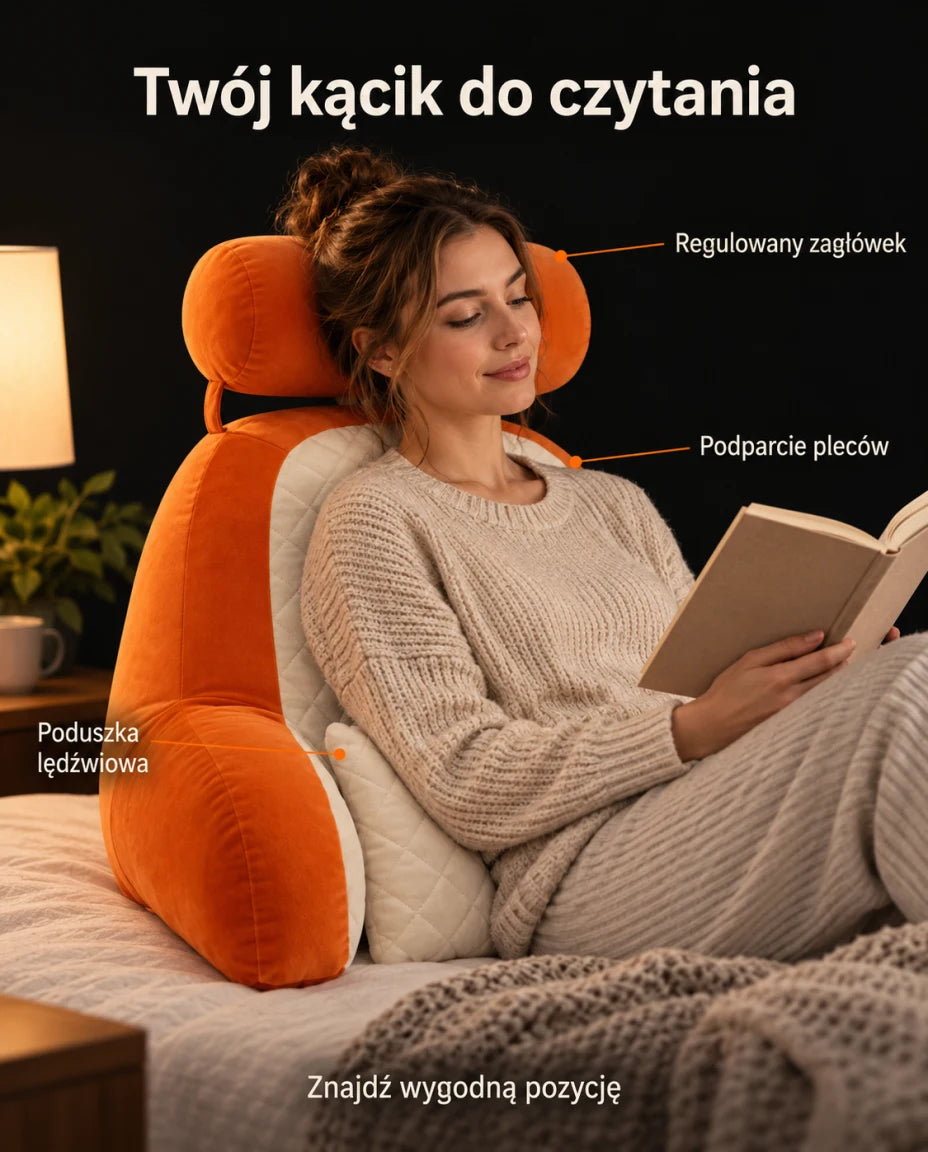 Twój kącik do czytania · Podparcie pleców · Regulowany zagłówek · Poduszka lędźwiowa · Znajdź wygodną pozycję