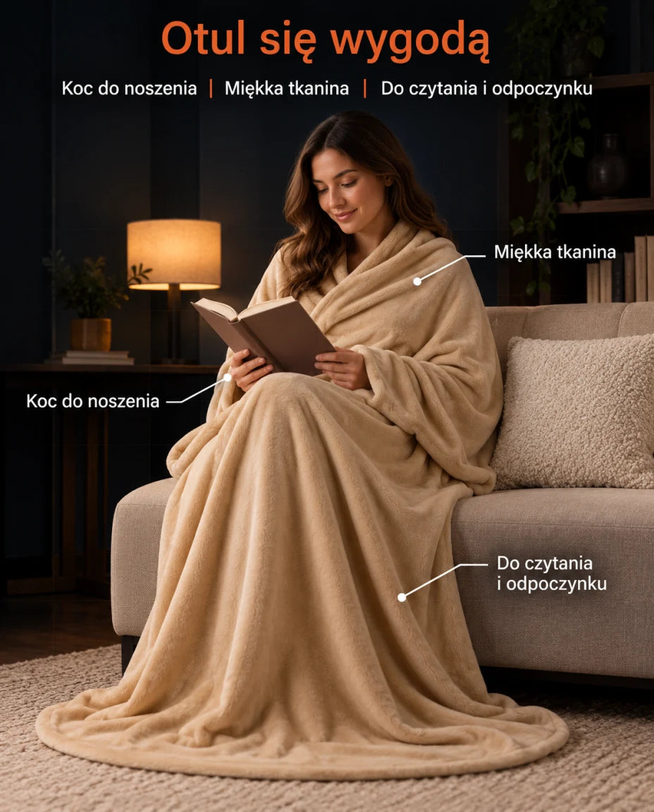 Otul się wygodą · Koc do noszenia · Miękka tkanina · Do czytania i odpoczynku