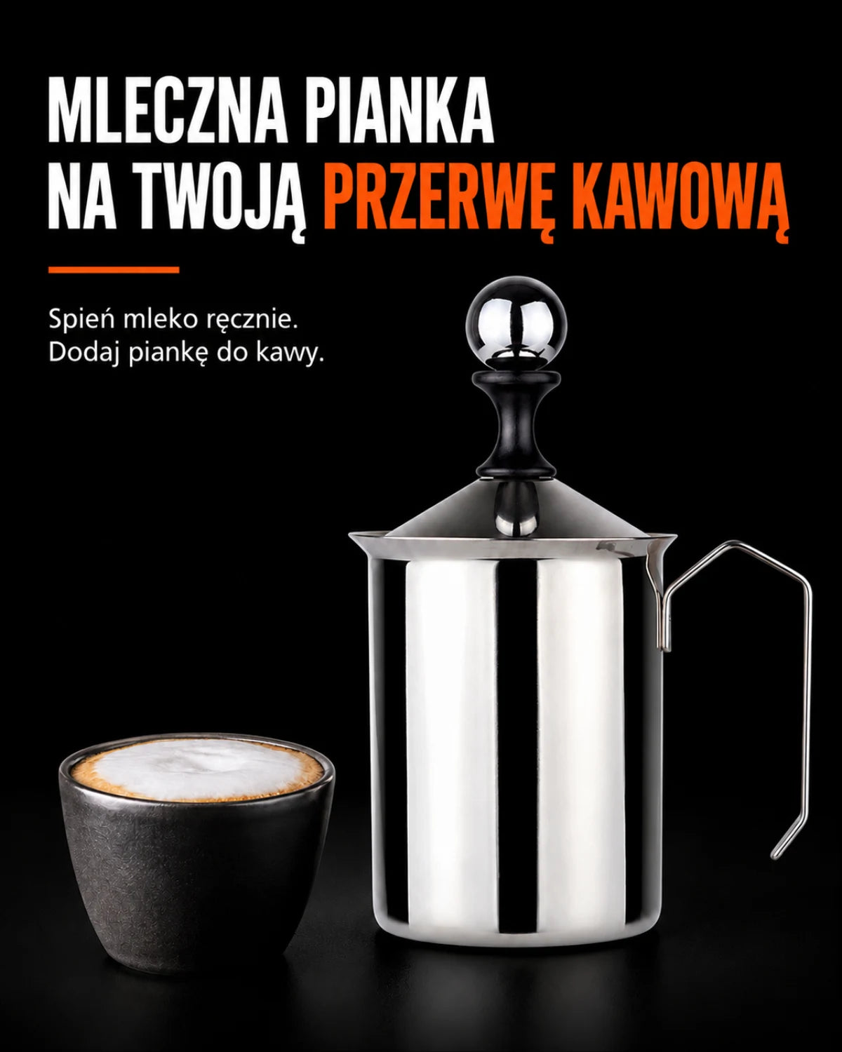 Mleczna pianka na Twoją przerwę kawową · Spień mleko ręcznie. · Dodaj piankę do kawy.