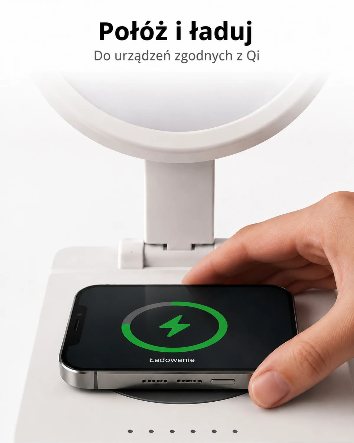 Lampa z podstawą do ładowania Qi — Połóż i ładuj; Do urządzeń zgodnych z Qi