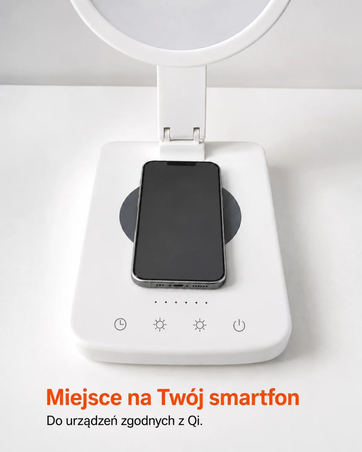 Lampa z podstawą do ładowania Qi — Miejsce na Twój smartfon; Do urządzeń zgodnych z Qi.