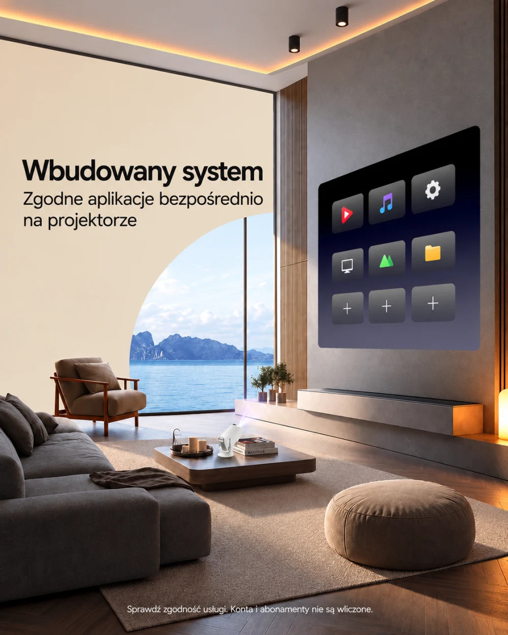 Mini projektor z regulowaną podstawą — Wbudowany system; Zgodne aplikacje bezpośrednio na projektorze