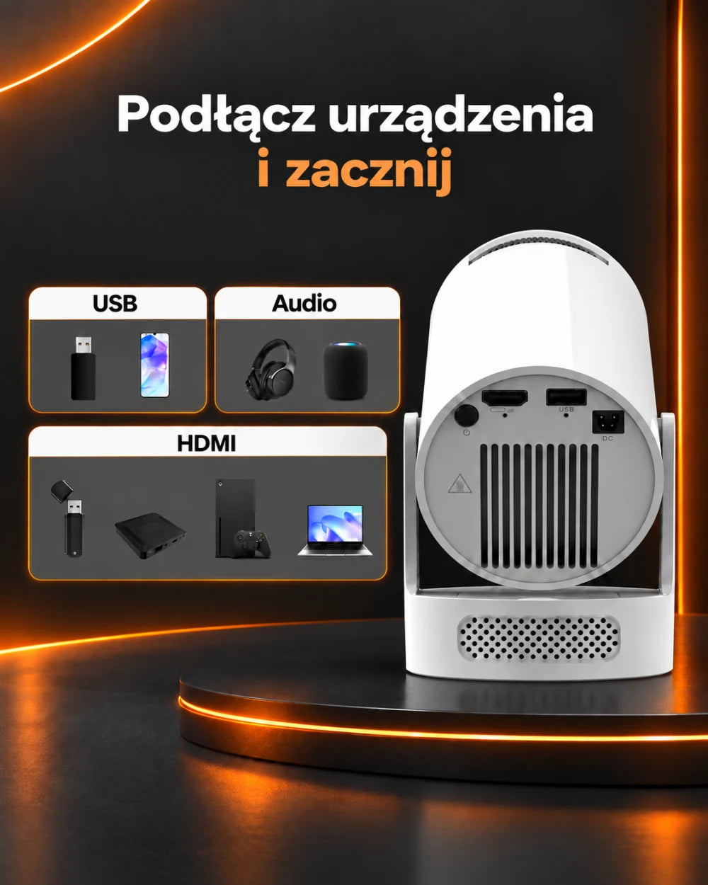 Mini projektor z regulowaną podstawą — Podłącz urządzenia i zacznij; USB