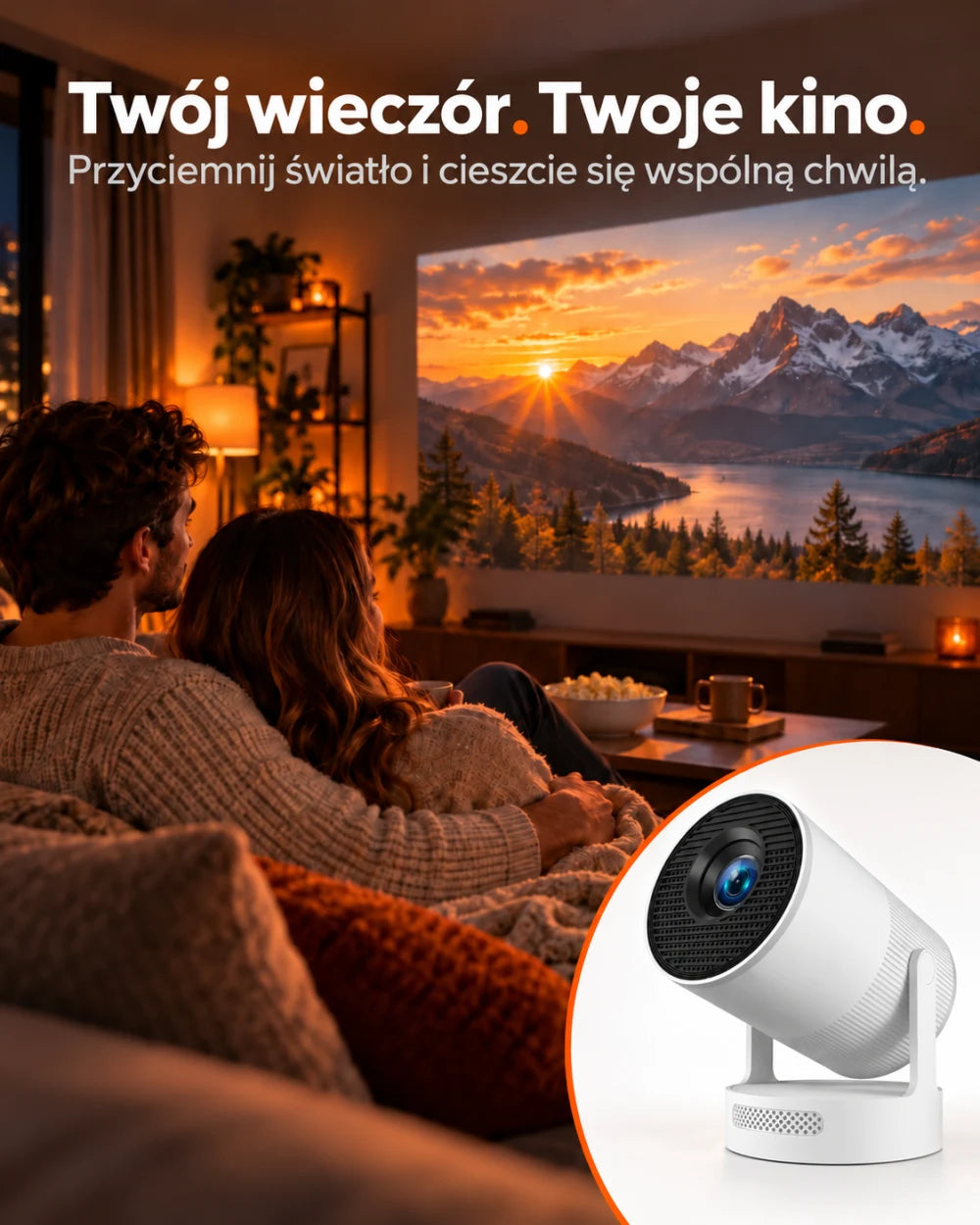 Mini projektor z elektroniczną regulacją ostrości — Twój wieczór. Twoje kino.; Przyciemnij światło i cieszcie się wspólną chwilą.