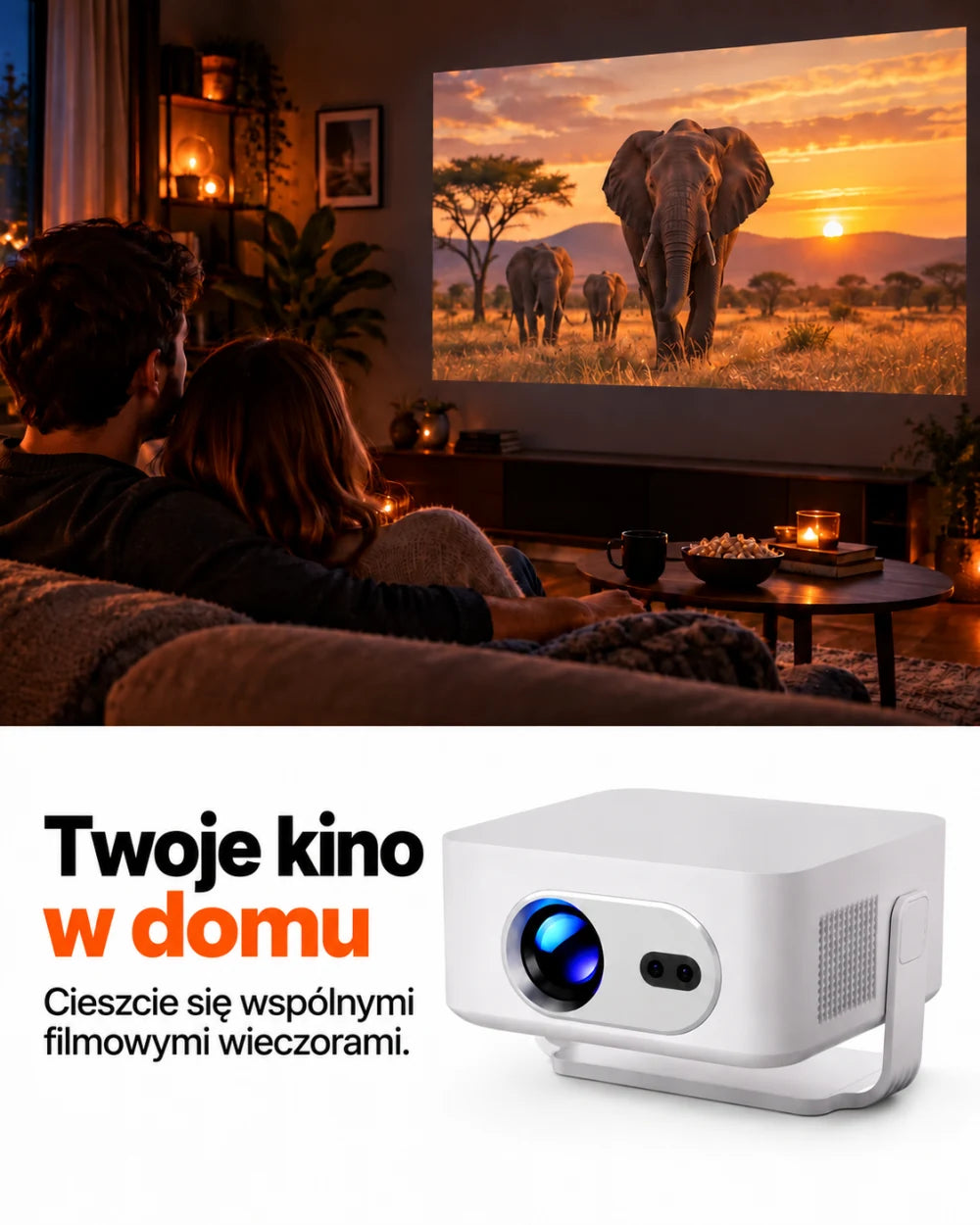 Mini projektor z autofokusem — Twoje kino w domu; Cieszcie się wspólnymi filmowymi wieczorami.