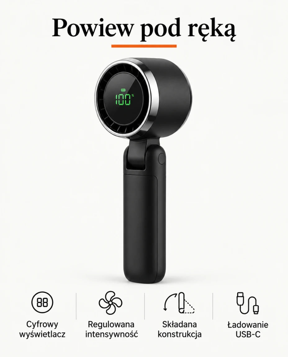 Powiew pod ręką — Cyfrowy wyświetlacz — Regulowana intensywność — Składana konstrukcja — Ładowanie USB-C
