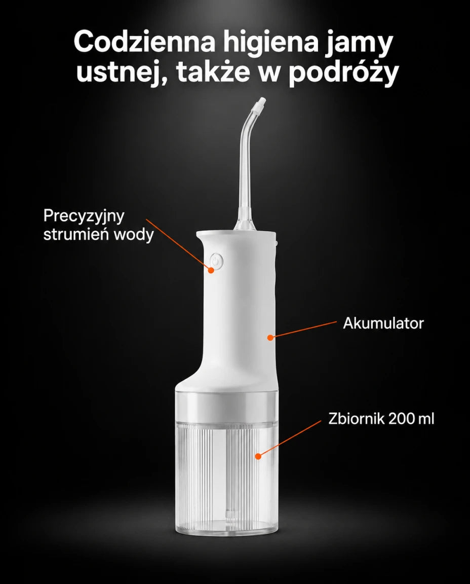 Codzienna higiena jamy ustnej, także w podróży — Zbiornik 200 ml — Akumulator — Precyzyjny strumień wody
