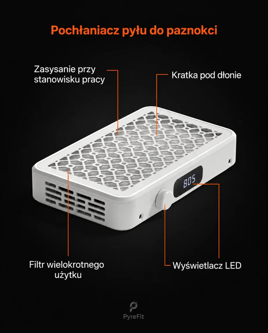 Pochłaniacz pyłu do paznokci · Zasysanie przy stanowisku pracy · Filtr wielokrotnego użytku · Kratka pod dłonie · Wyświetlacz LED
