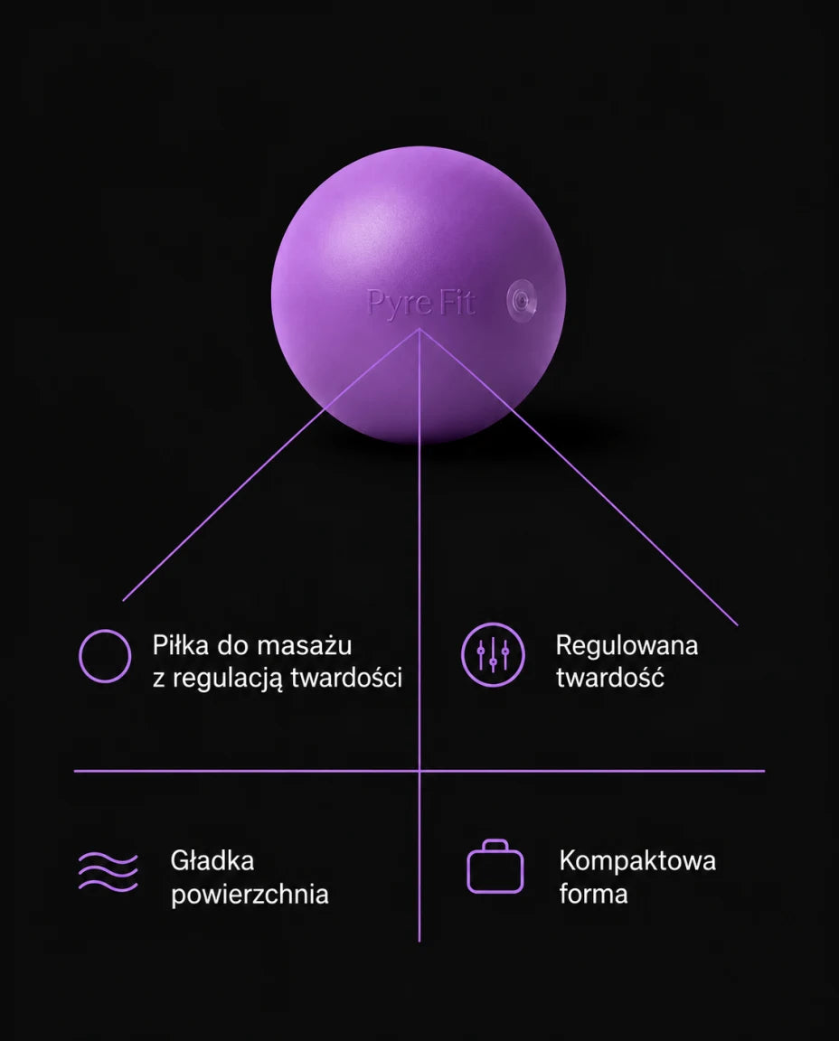 Piłka do masażu z regulacją twardości · Gładka powierzchnia · Regulowana twardość · Kompaktowa forma
