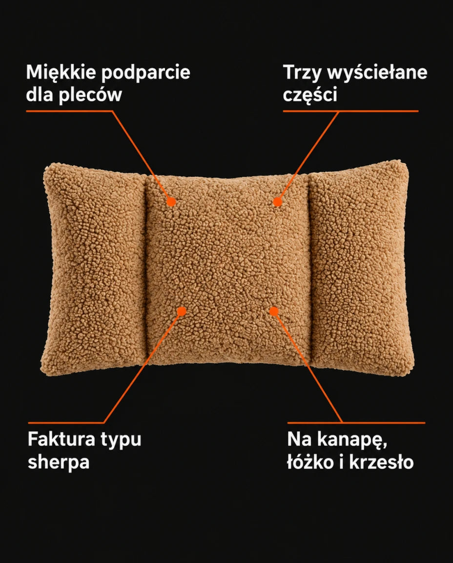 Miękkie podparcie dla pleców — Trzy wyściełane części — Faktura typu sherpa — Na kanapę, łóżko i krzesło
