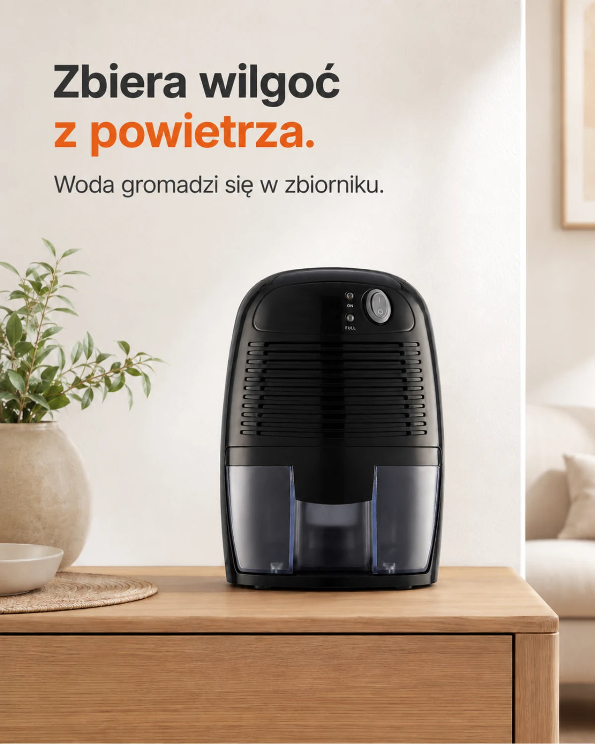 Mini osuszacz powietrza w kolorze czarnym — Zbiera wilgoć z powietrza; Woda gromadzi się w zbiorniku.