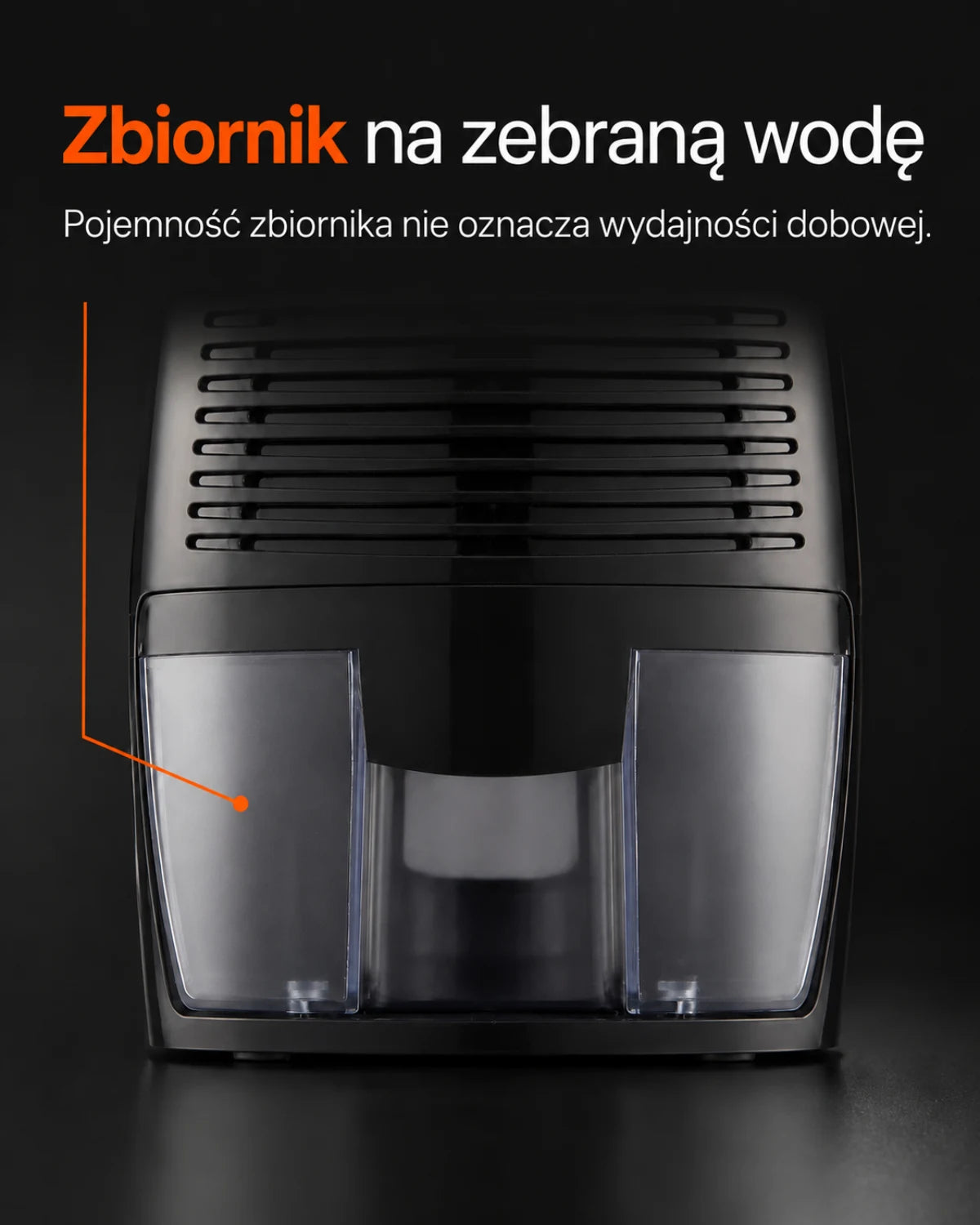 Mini osuszacz powietrza w kolorze czarnym — Zbiornik na zebraną wodę; Pojemność zbiornika nie oznacza wydajności dobowej.