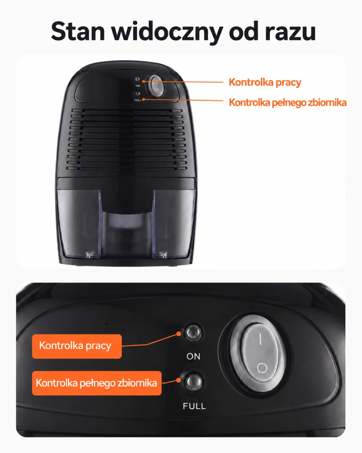 Mini osuszacz powietrza w kolorze czarnym — Stan widoczny od razu; Kontrolka pracy