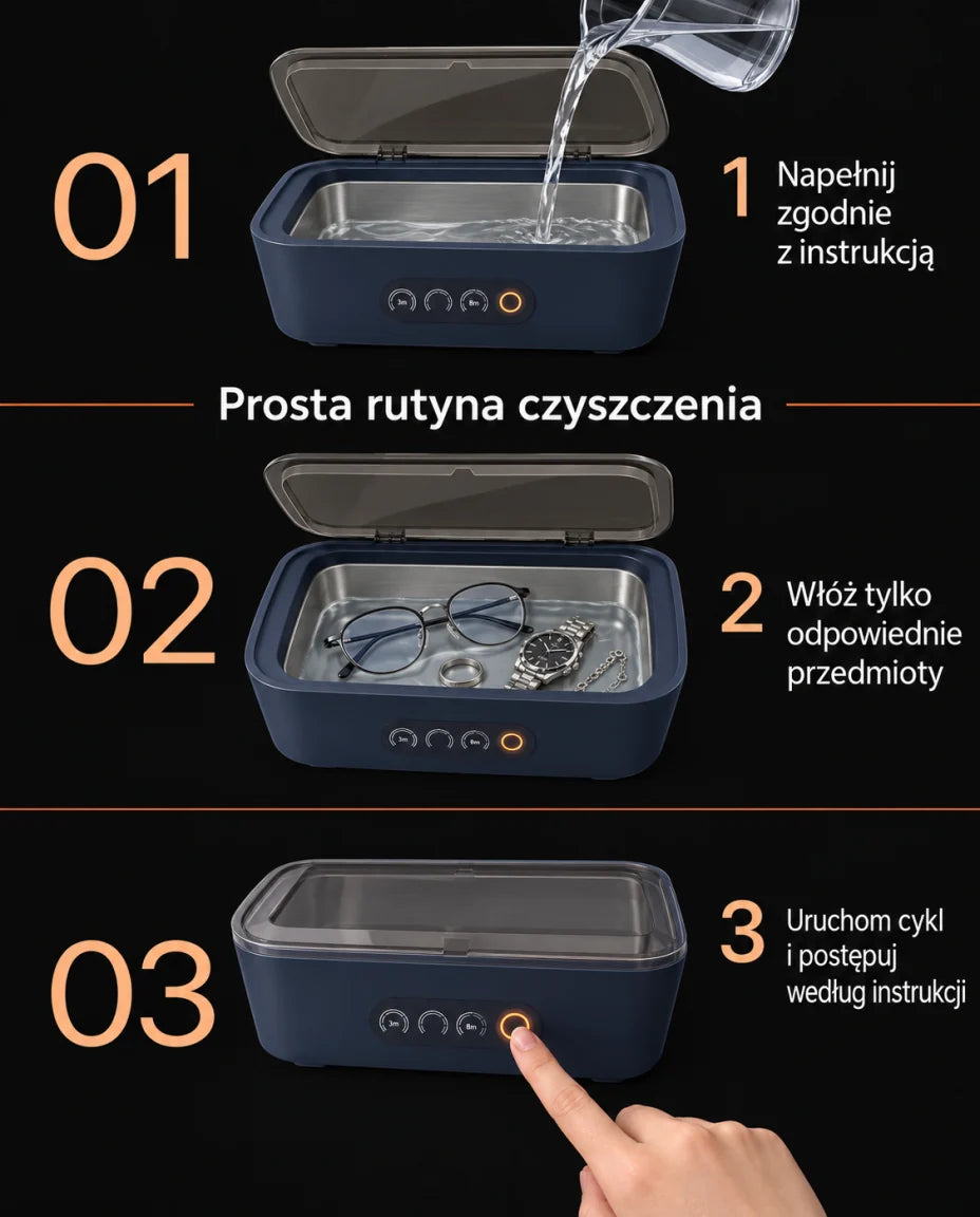 Prosta rutyna czyszczenia — 1 Napełnij zgodnie z instrukcją — 2 Włóż tylko odpowiednie przedmioty — 3 Uruchom cykl i postępuj według instrukcji
