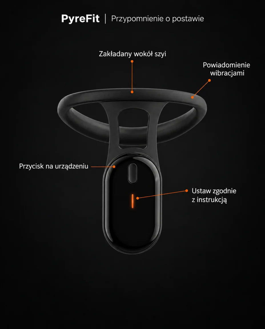 Przypomnienie o postawie — Zakładany wokół szyi — Przycisk na urządzeniu — Powiadomienie wibracjami — Ustaw zgodnie z instrukcją