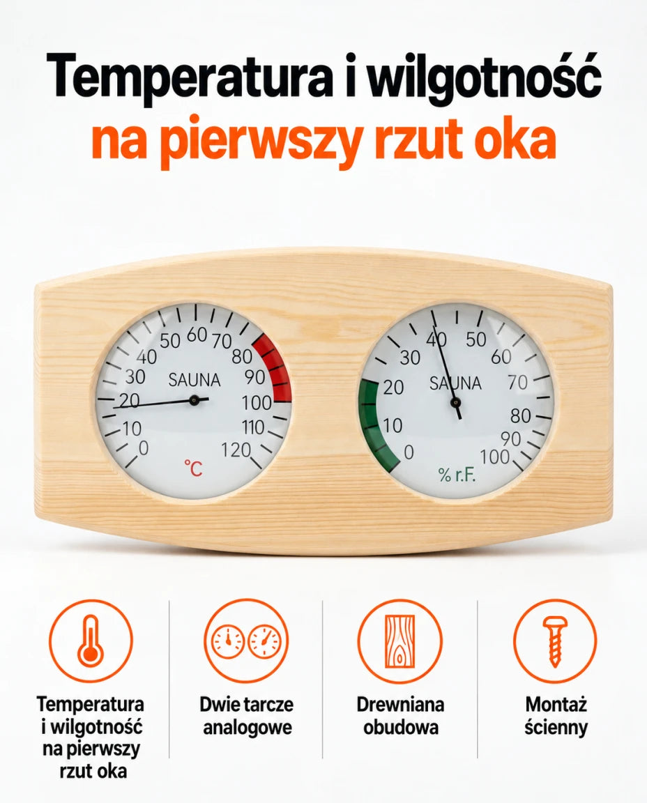 Temperatura i wilgotność na pierwszy rzut oka — Dwie tarcze analogowe — Drewniana obudowa — Montaż ścienny